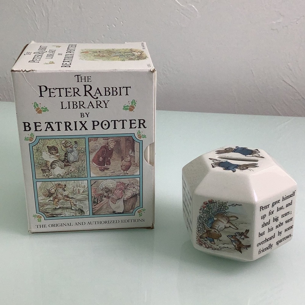 The Peter Rabbit Library by Beatrix Potter books and ceramic coin bank EUC